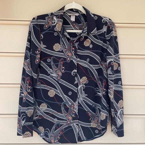 H&M Navy Blue Paisley Button-Up Silky Top - 4 - Picture 1 of 5